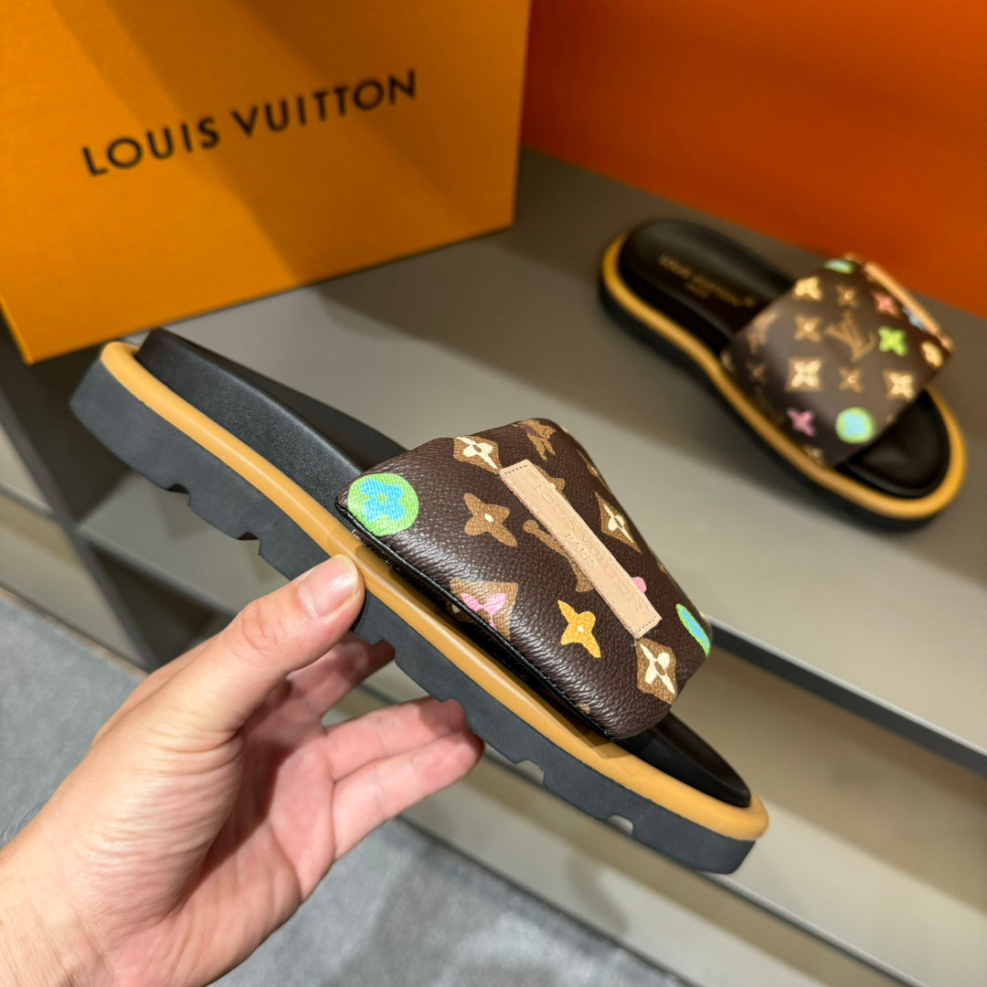 LV VELCRO SLIPPERS IN CHOCOLATE BROWN MONOGRAM CALFSKIN