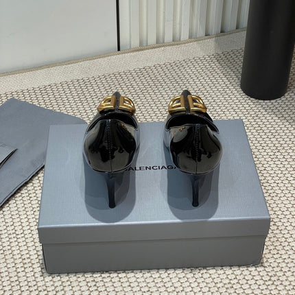 POINTED BB GOLD BUCKLE HIGH PUMPS 80MM IN BLACK PATENT CALFSKIN