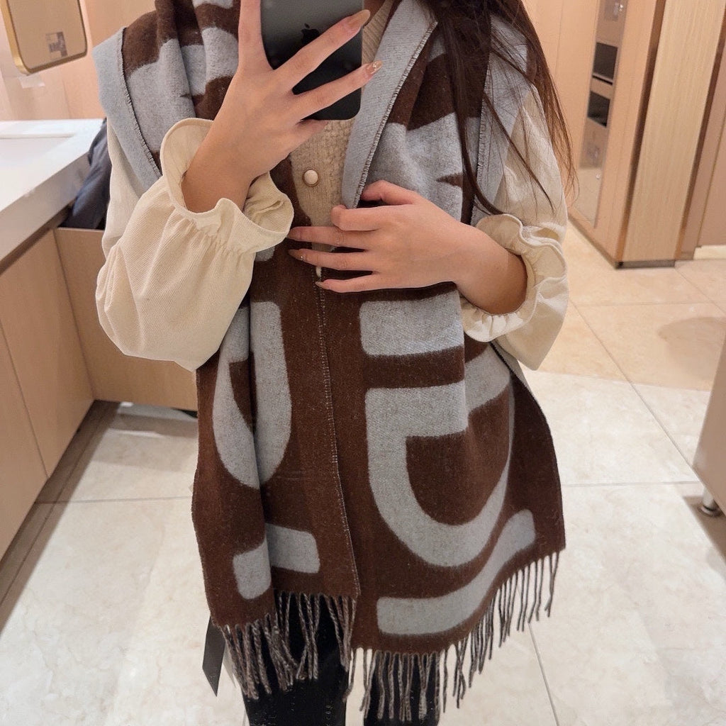 FF 185 CM SCARF IN CAMEL BROWN MIX GREY CASHMERE AND WOOL