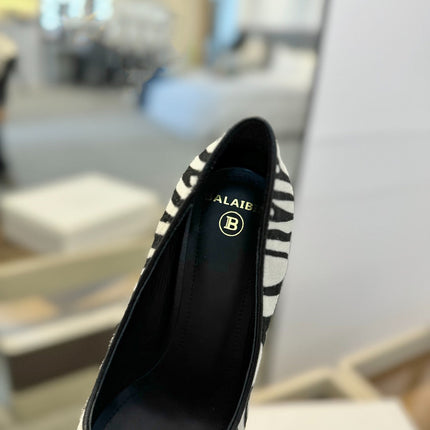 BALMAIN 25S HIGH HEELS 95MM IN WHITE AND BLACK ZEBRA PRINT CALFSKIN