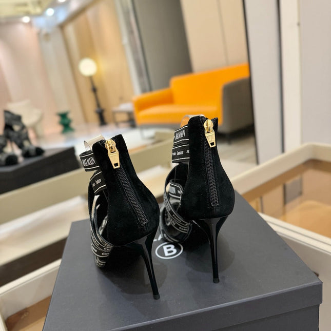 BALMAIN 25S HIGH HEELS LOGO RIBBON 95MM IN BLACK FULL SUEDE