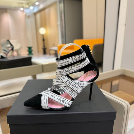 BALMAIN 25S HIGH HEELS LOGO RIBBON 95MM IN BLACK AND WHITE SUEDE