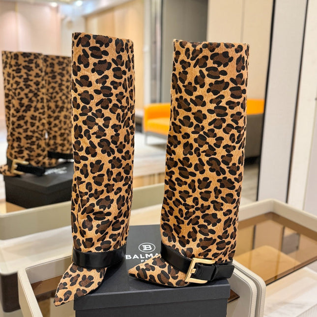 BALMAIN 26S KNEE-HIGH BOOTS 100 MM IN LEOPARD PRINT PONY HAIR