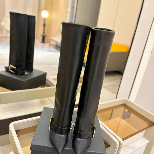 BALMAIN 26S KNEE-HIGH BOOTS 100 MM IN BLACK CALFSKIN