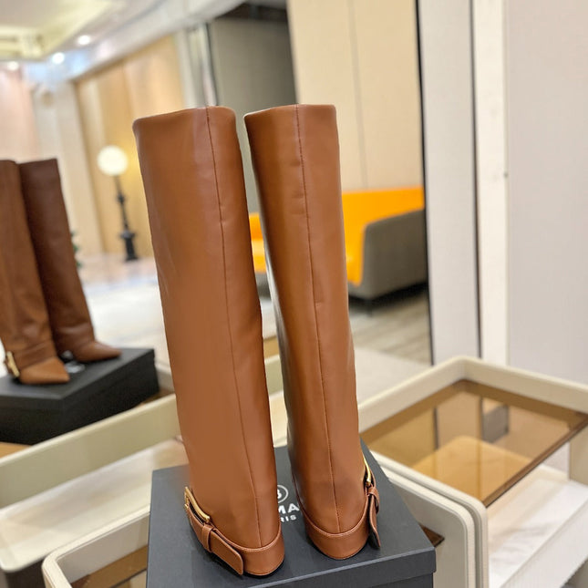 BALMAIN 26S KNEE-HIGH BOOTS 100 MM IN BROWN CALFSKIN