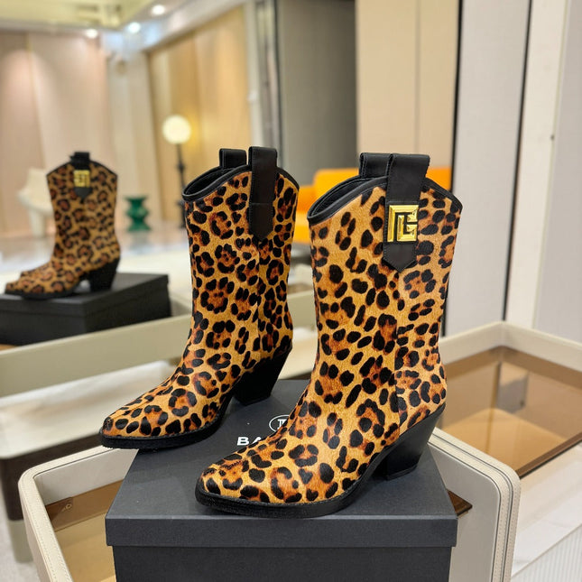 BALMAIN 26S COWBOY ANKLE BOOTS 65 MM IN LEOPARD PRINT PONY HAIR