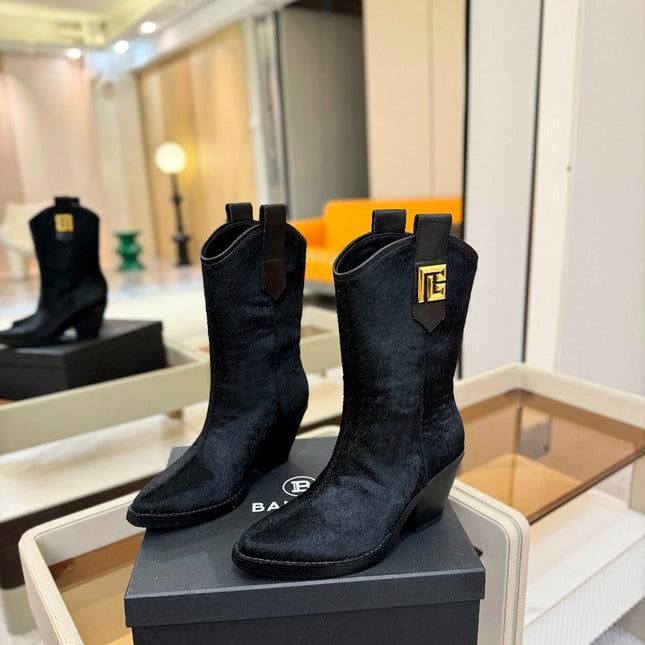 BALMAIN 26S COWBOY ANKLE BOOTS 65 MM IN BLACK PONY HAIR