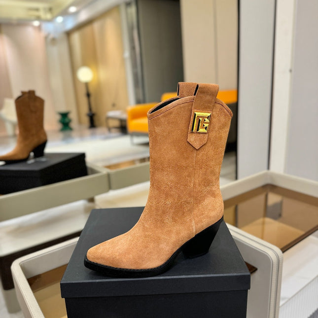 BALMAIN 26S COWBOY ANKLE BOOTS 65 MM IN BROWN SUEDE