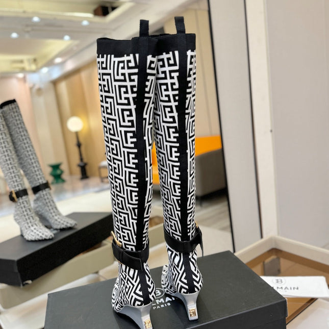 BALMAIN 26S HIGH-TOP BOOTS 75 MM IN BLACK AND WHITE FLYKNIT