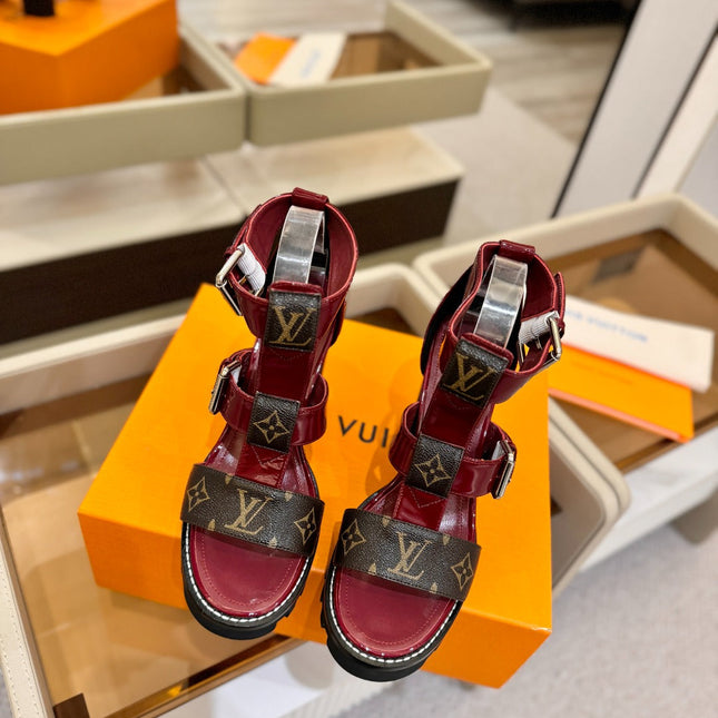 LV 26S STAR TRAIL HEELS 100 MM IN DARK RED AND BROWN CALFSKIN