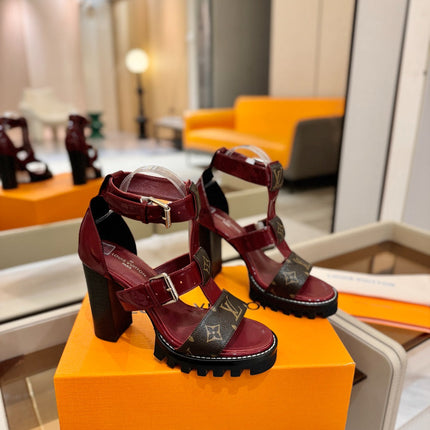 LV 26S STAR TRAIL HEELS 100 MM IN DARK RED AND BROWN CALFSKIN