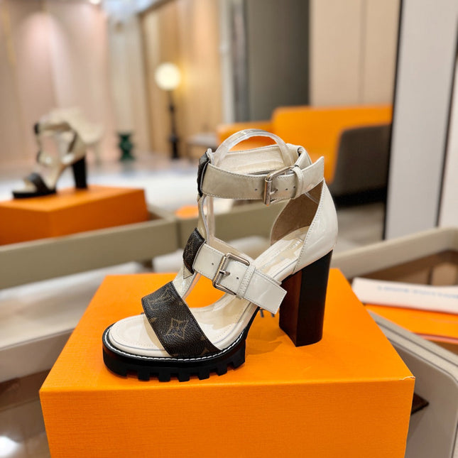 LV 26S STAR TRAIL HEELS 100 MM IN CREAM WHITE AND BROWN CALFSKIN
