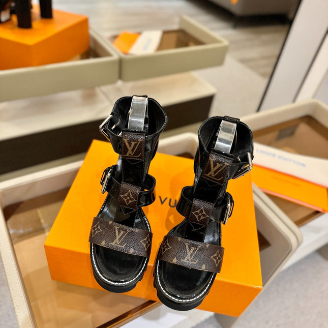 LV 26S STAR TRAIL HEELS 100 MM IN DARK BROWN AND BLACK CALFSKIN