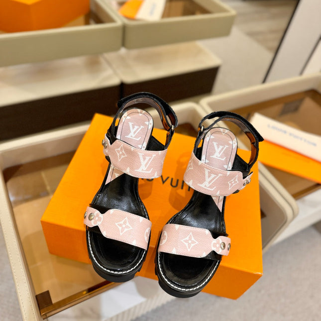 LV 26S HIGH HEEL SANDALS 100 MM IN LIGHT PINK AND BLACK CALFSKIN