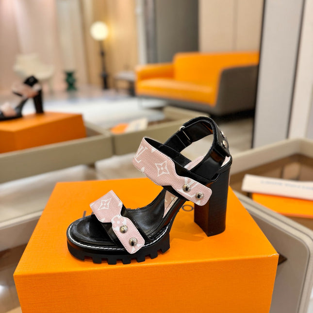 LV 26S HIGH HEEL SANDALS 100 MM IN LIGHT PINK AND BLACK CALFSKIN