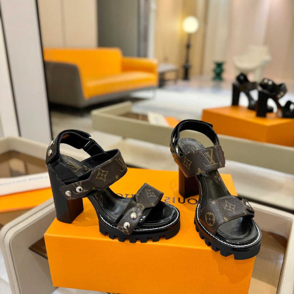 LV 26S HIGH HEEL SANDALS 100 MM IN DARK BROWN AND BLACK CALFSKIN
