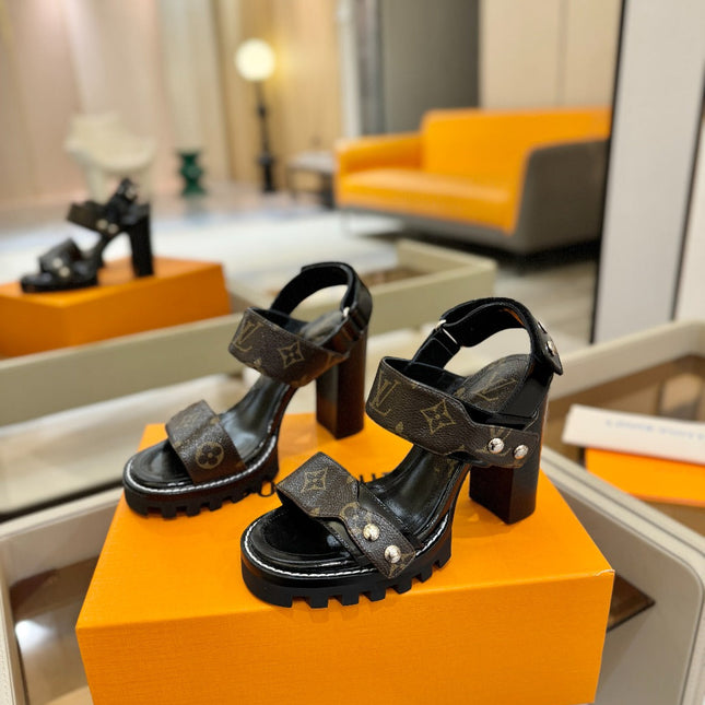 LV 26S HIGH HEEL SANDALS 100 MM IN DARK BROWN AND BLACK CALFSKIN