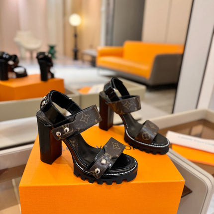 LV 26S HIGH HEEL SANDALS 100 MM IN DARK BROWN AND BLACK CALFSKIN