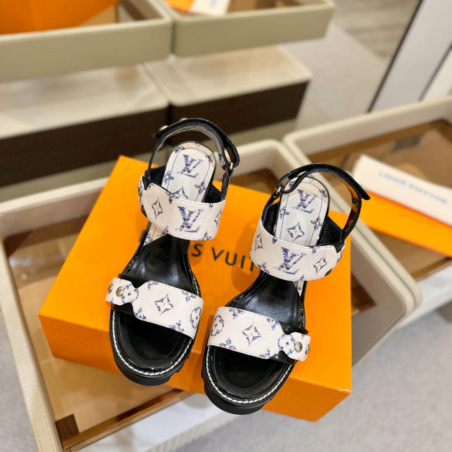 LV 26S HIGH HEEL SANDALS 100 MM IN CREAM WHITE AND BLACK CALFSKIN