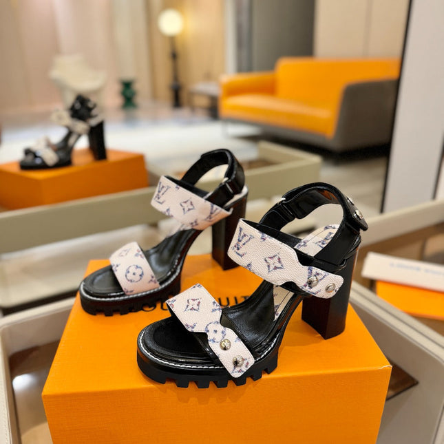 LV 26S HIGH HEEL SANDALS 100 MM IN CREAM WHITE AND BLACK CALFSKIN