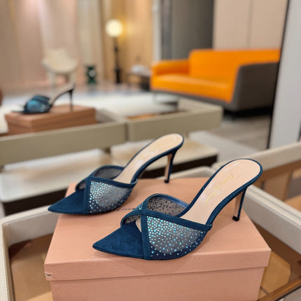 GIANVITO ROSSI 26S POINTED TOE HIGH HEELS 85 MM IN DEEP OCEAN BLUE SUEDE WITH RHINESTONE STRAP