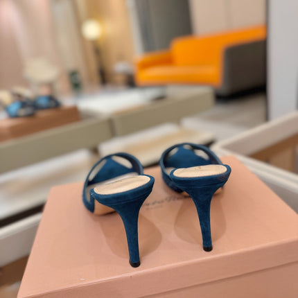 GIANVITO ROSSI 26S POINTED TOE HIGH HEELS 85 MM IN DEEP OCEAN BLUE SUEDE WITH RHINESTONE STRAP