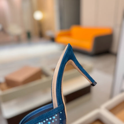 GIANVITO ROSSI 26S POINTED TOE HIGH HEELS 85 MM IN DEEP OCEAN BLUE SUEDE WITH RHINESTONE STRAP