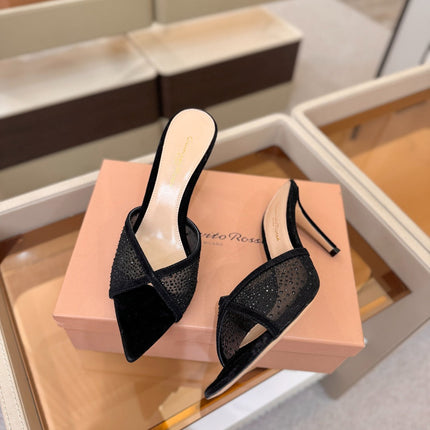 GIANVITO ROSSI 26S POINTED TOE HIGH HEELS 85 MM IN BLACK SUEDE WITH RHINESTONE STRAP