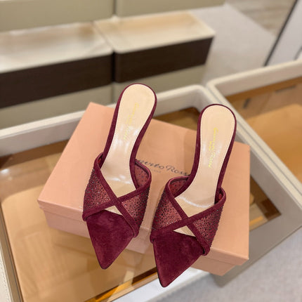 GIANVITO ROSSI 26S POINTED TOE HIGH HEELS 85 MM IN DARK RED SUEDE WITH RHINESTONE STRAP