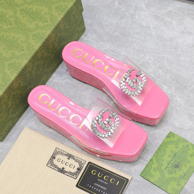 HIGH WEDGE PLATFORM WITH DOUBLE G IN PINK GLOSSY CALFSKIN
