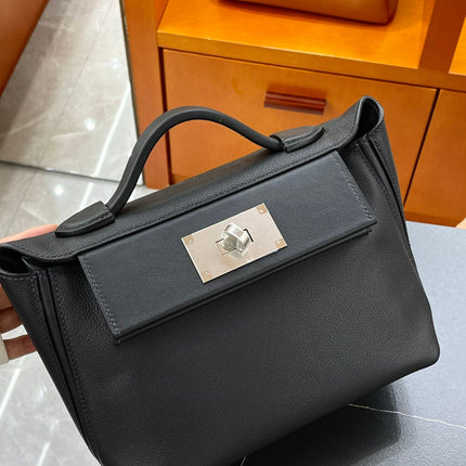 MINI 24/24 21CM IN BLACK EVERCOLOR CALFSKIN SILVER KELLY BUCKLE