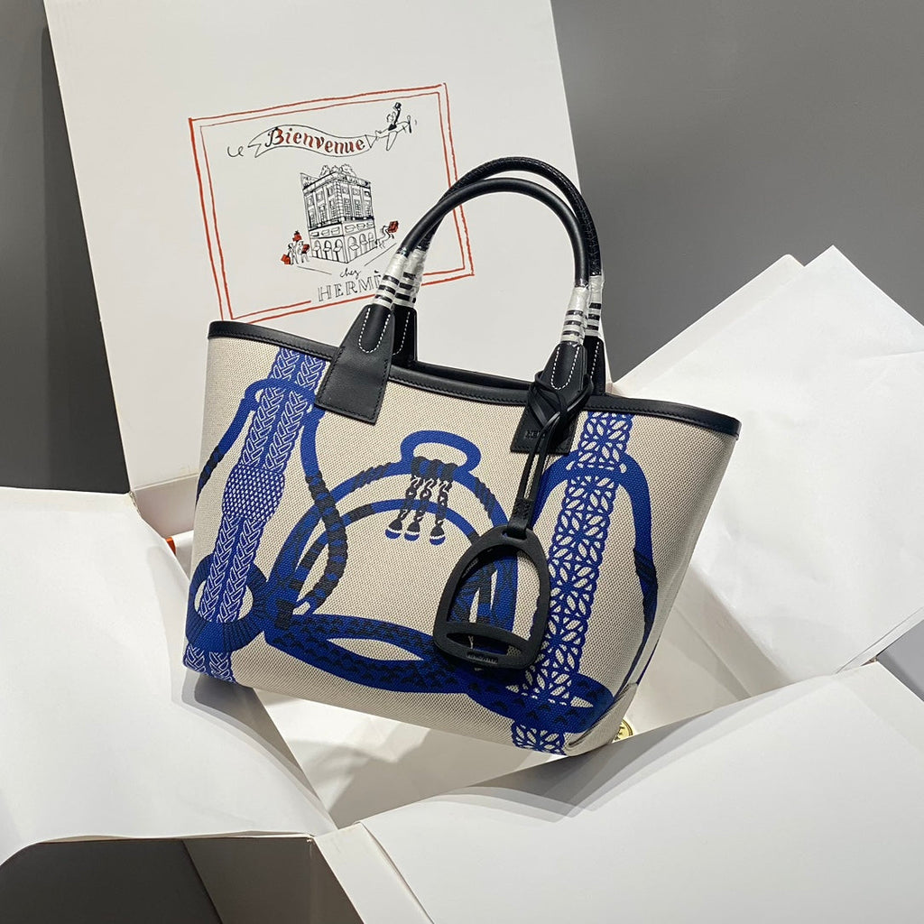 STEEPLE 28 BAG IN OFF-WHITE MIX BLUE CANVAS AND BLACK CALFSKIN
