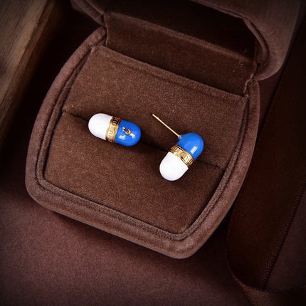MIUMIU 26S CAPSULE STUD EARRINGS IN BLUE AND WHITE ENAMEL AND GOLD TONE METAL 631792