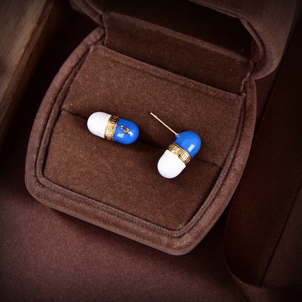 MIUMIU 26S CAPSULE STUD EARRINGS IN BLUE AND WHITE ENAMEL AND GOLD TONE METAL 631792
