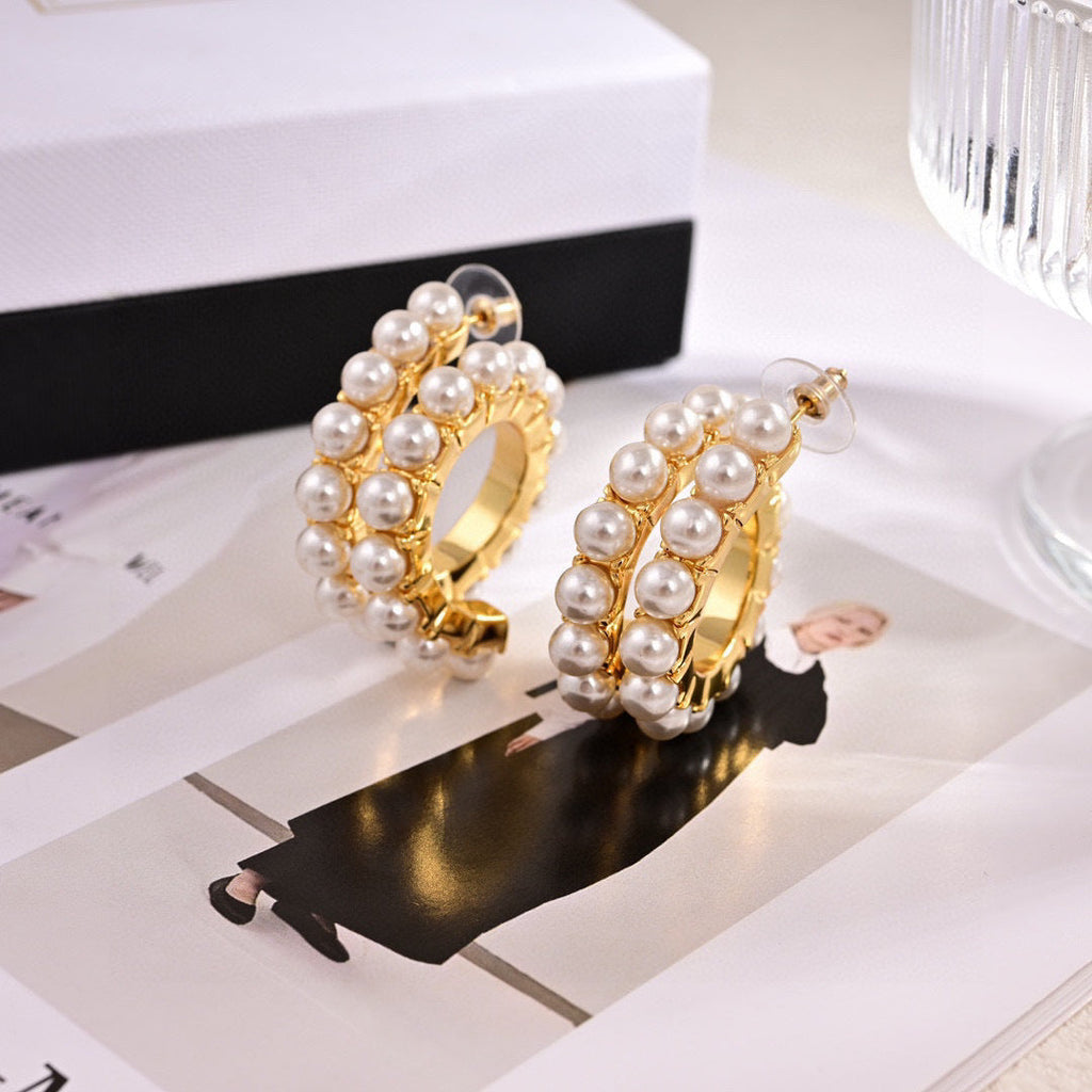MIUMIU 26S PEARL EMBELLISHED HOOP EARRINGS IN GOLD TONE METAL 631796