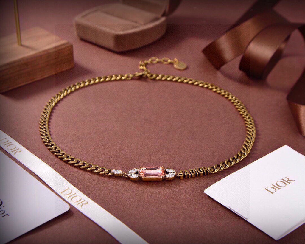 CD 26S DIOR LOGO PINK CRYSTAL CHAIN NECKLACE IN AGED GOLD METAL 633118