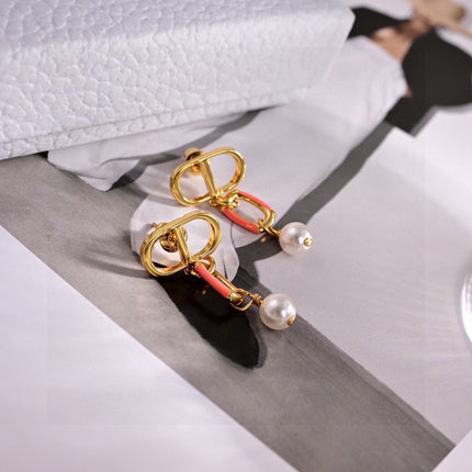 CD 26S LOGO PINK ENAMEL LINK PEARL DROP EARRINGS IN GOLD METAL