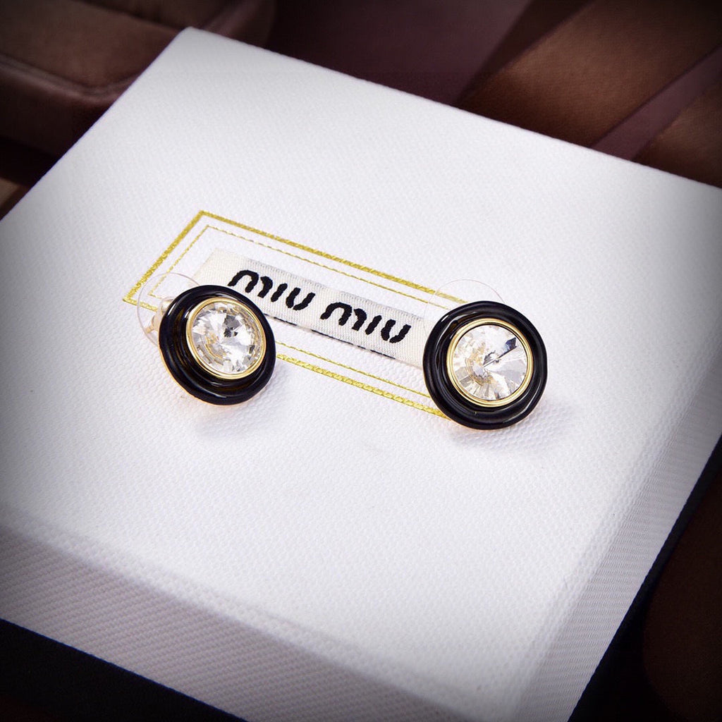 MIUMIU 26S ROUND CRYSTAL STUD EARRINGS IN BLACK RESIN AND GOLD TONE METAL 633262
