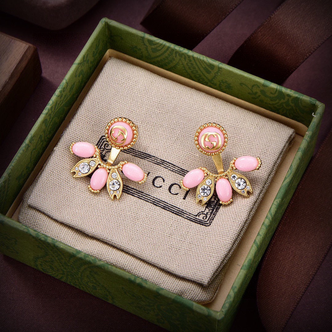 GUCCI 26S DOUBLE G LOGO PINK CRYSTAL FLORAL DROP EARRINGS IN GOLD TONE METAL 633778