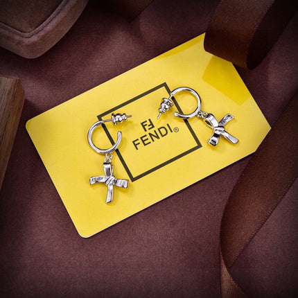 FENDI 26S FF RIBBON CHARM HOOP EARRINGS IN SILVER TONE METAL 634938