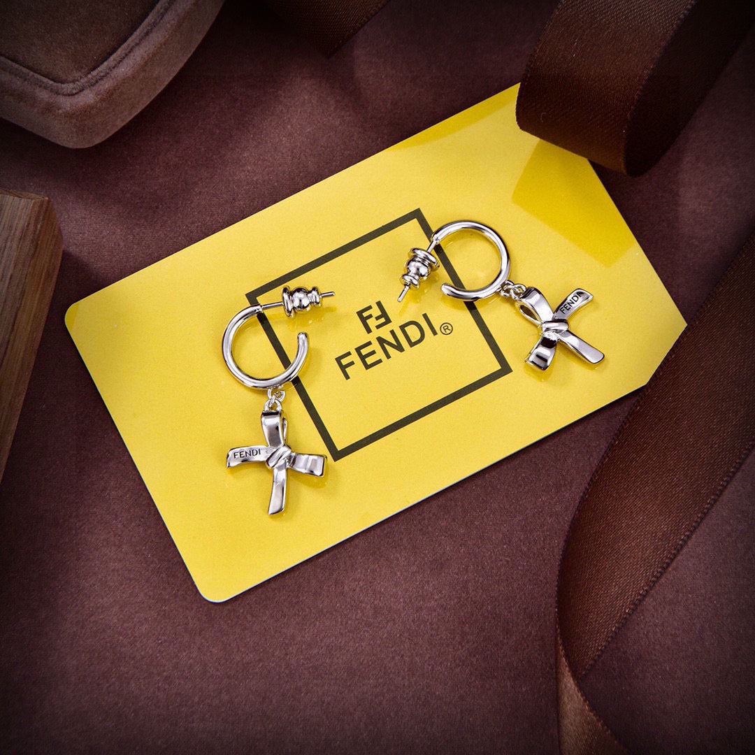 FENDI 26S FF RIBBON CHARM HOOP EARRINGS IN SILVER TONE METAL 634938