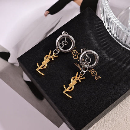 YSL 26S DOUBLE TONE LINK LOGO DROP EARRINGS IN GOLD & SILVER TONE METAL 634939