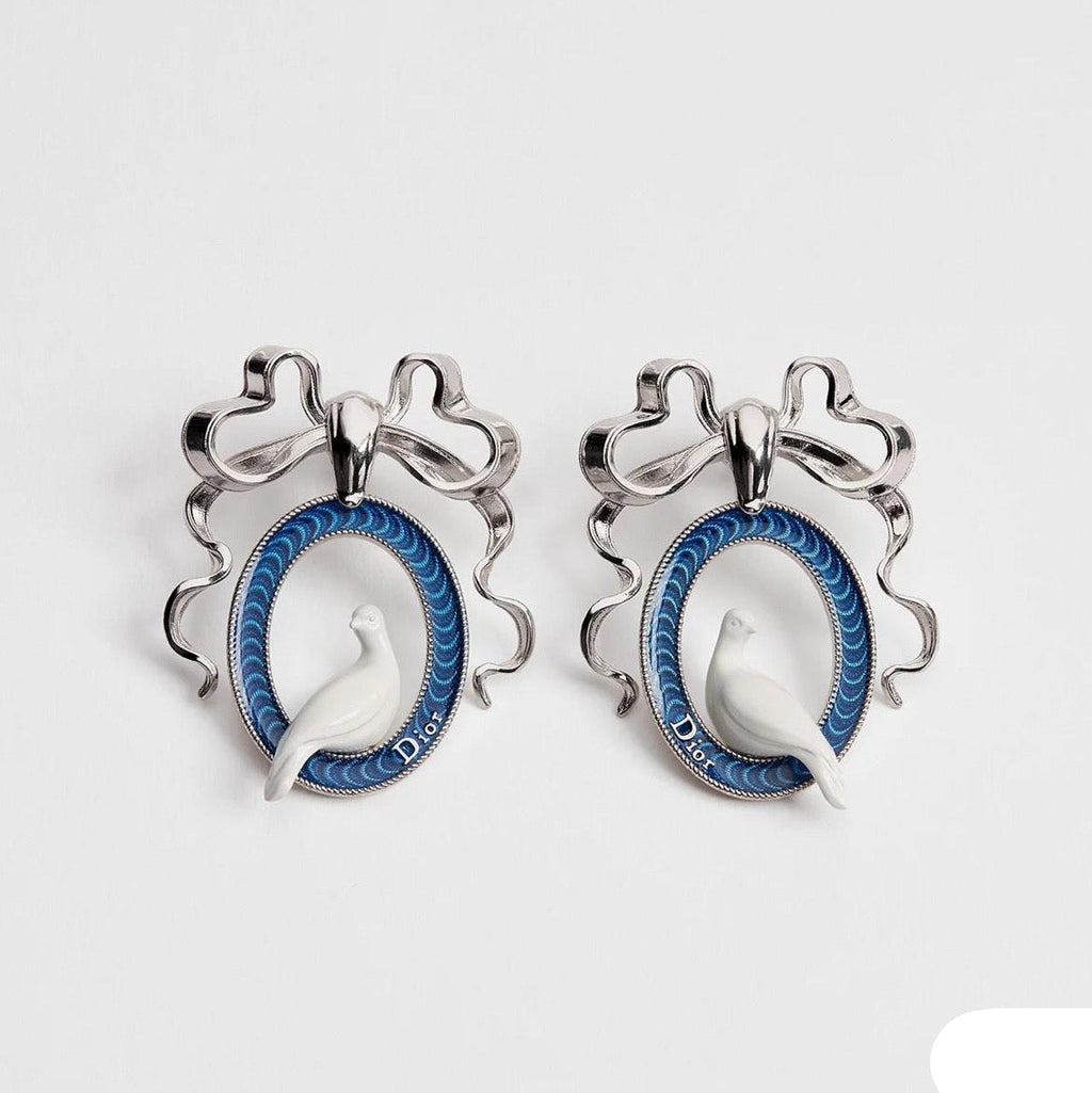 CD 26S TOILE DE JOUY BIRD BOW DROP EARRINGS IN SILVER TONE METAL 644371