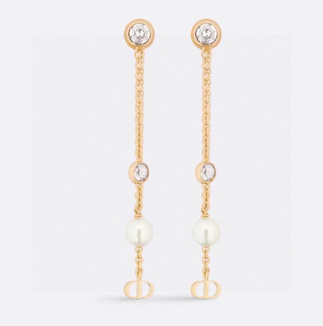 CD 26S PEARL CRYSTAL CHAIN DROP EARRINGS IN GOLD TONE METAL 646468