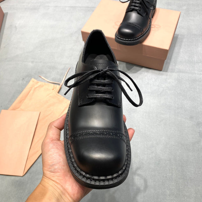 MIUMIU 26S LACE-UP LOAFERS IN BLACK SHINY CALFSKIN