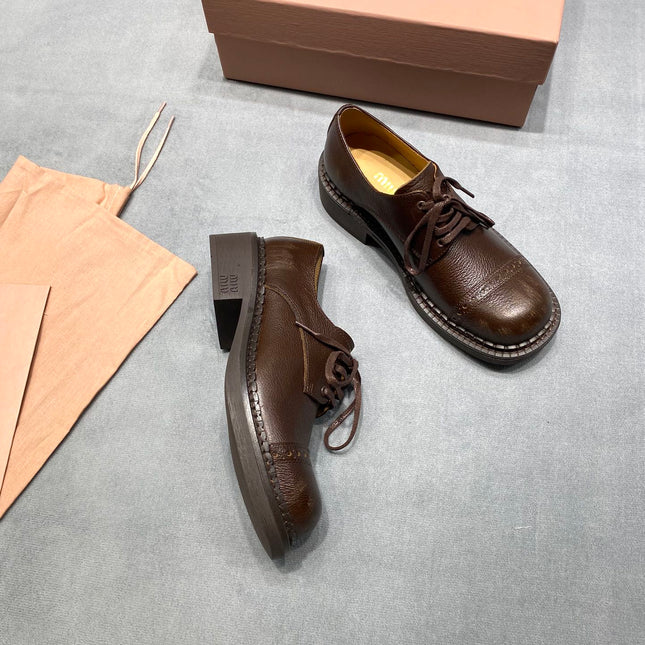 MIUMIU 26S LACE-UP LOAFERS IN CHOCOLATE BROWN GRAINED CALFSKIN