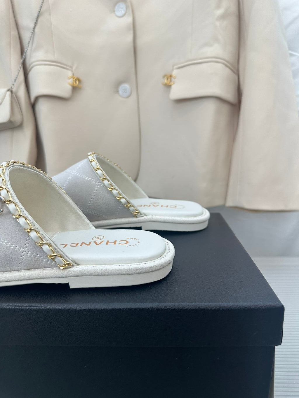 CC White Suede Gold Chain Mules