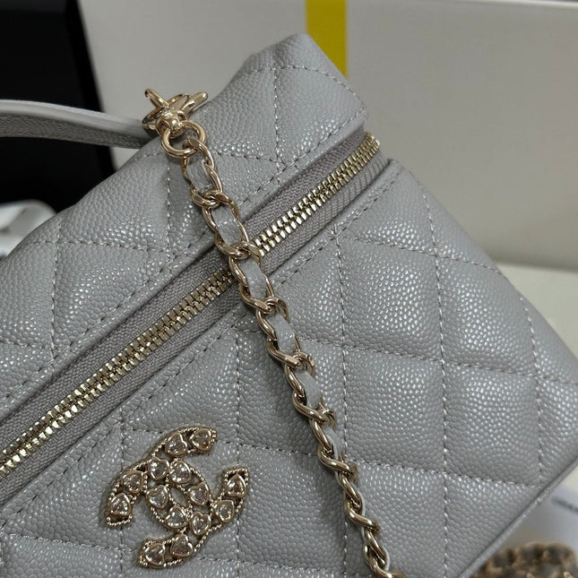STRASS VANITY QUILTED CASE 19 IN GREY CALFSKIN WITH GOLD METALLIC