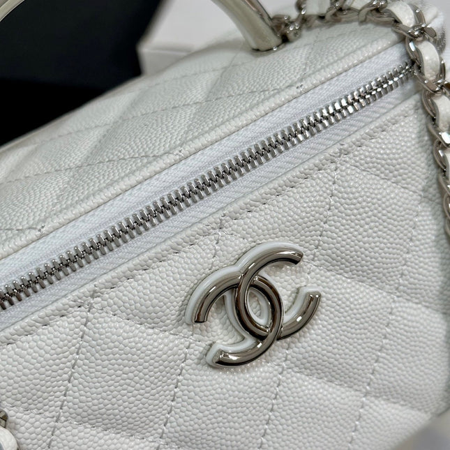 MINI VANITY TOP HANDLE CASE 17 IN WHITE CAVIAR SKIN SILVER-TONE PLATED METAL