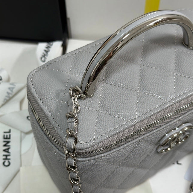 MINI VANITY TOP HANDLE CASE 17 IN GREY CAVIAR SKIN SILVER-TONE PLATED METAL